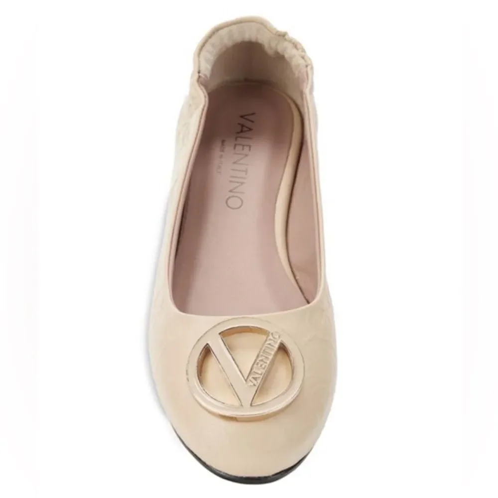NIB Valentino Beige Flats with Gold Logo New with dust bag/box $479